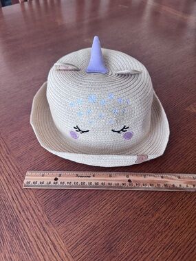 Kids Beige Unicorn Straw Hat with Purple Horn